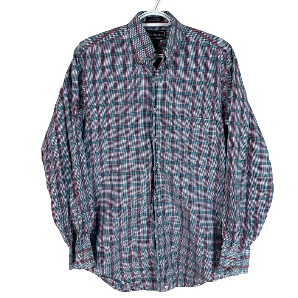 Burberry London Mens Button Down Shirt Medium L/S‎ Cotton Pocket Blue Green Red - Picture 2 of 5